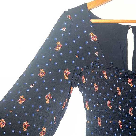 Free People Two Faces Dark Ditzy Floral Puff Sleeve Boho Mini Dress Size S - Picture 4 of 16